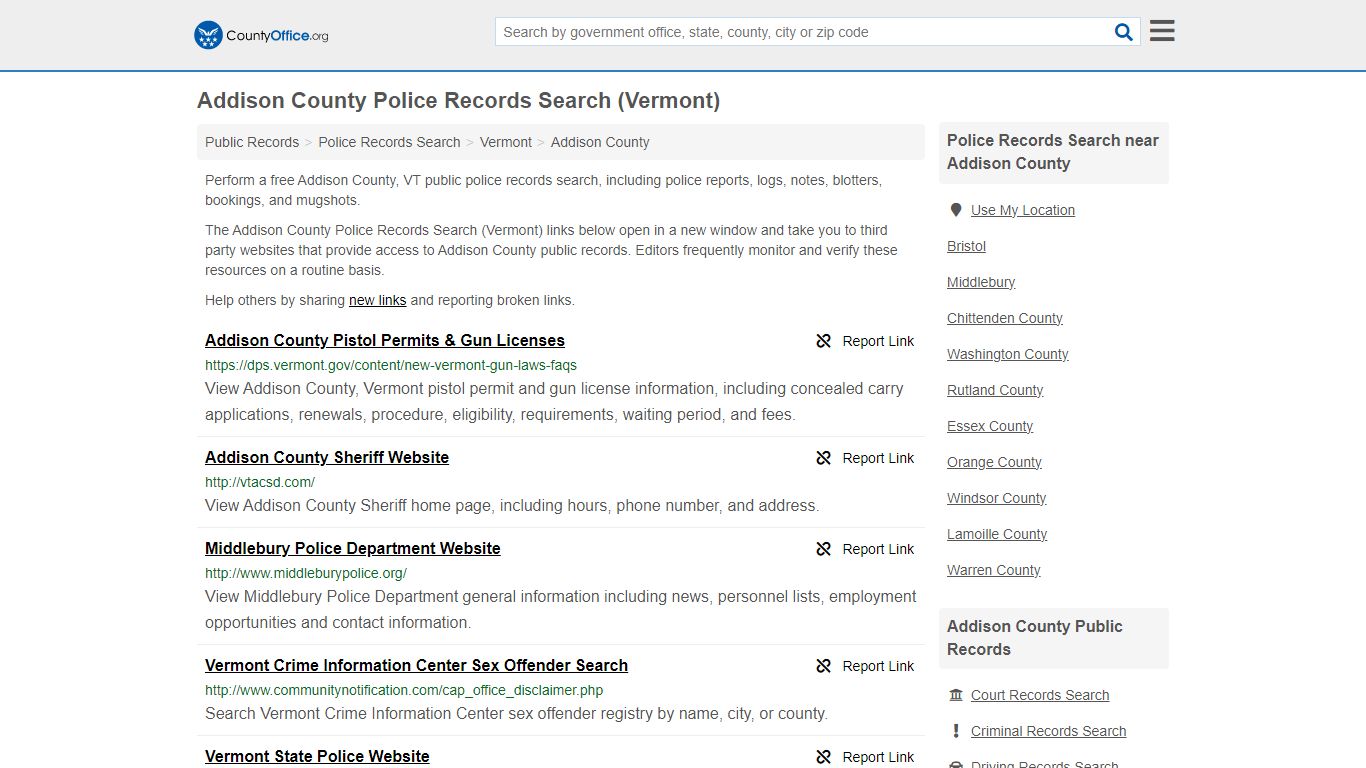 Addison County Police Records Search (Vermont) - County Office